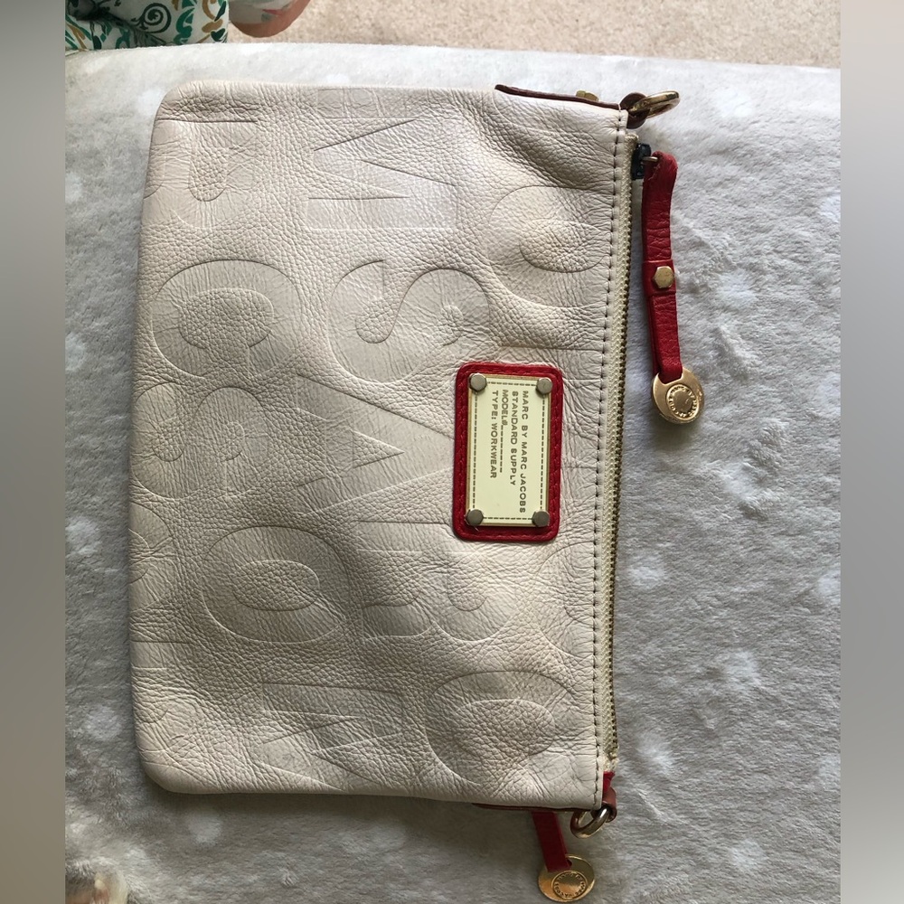 Marc by Marc Jacobs Cream Leather Wristlet with Red Trim and Gold Hardware
